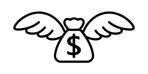 Dollar money bag with wings line icon. Clipart image isolated on white background