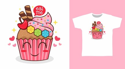 Cute cupcake with ornament cartoon illustration t-shirt design vector