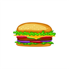 Vector hand drawn hamburger. Fast food and unhealthy food isolated on white background. Cheeseburger icon for restaurant menu
