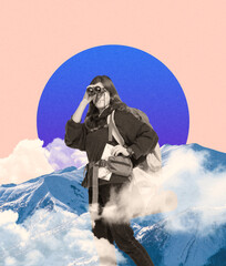 Contemporary art collage. Happy young girl, woman traveller looking through binoculars isolated on...