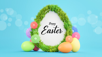 3d render of text on white egg frame with grass for happy easter festival