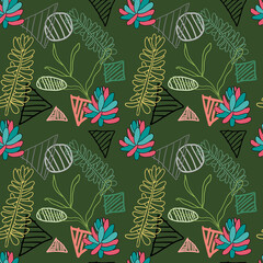 Cute doodle Succulent flowers and striped geometric shapes seamless pattern. Abstract background with plants, bushes isolated.