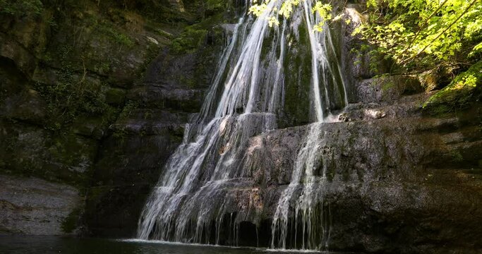 Spring in Gorg De L Olla waterfall in La Garrotxa, Girona, Spain