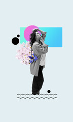 Dreams. Beautiful young girl, woman with flowers standing in painted waves isolated on geometric...