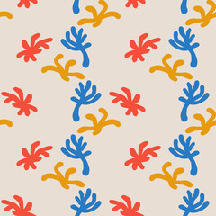 Matisse organic shapes, splashes seamless pattern. Fantasy creative background. Uneven shapes.