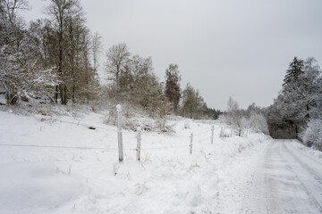 An icy and snowy winter road going through a meadow and forest landscape. Picture from Scania, southern Sweden