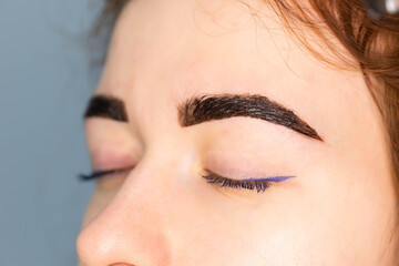 Young Caucasian Woman on the brow beauty procedures. Professional care for face. Brows coloring, wax and lamination. 