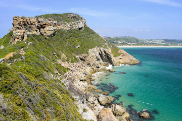 Beautiful view of the sea and some rocks from a lookout point in Robberg Nature Reserve, Plettenberg Bay, South Africa.