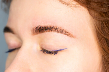 Fototapeta premium Young Caucasian Woman on the brow beauty procedures. Professional care for face. Brows coloring, wax and lamination. 