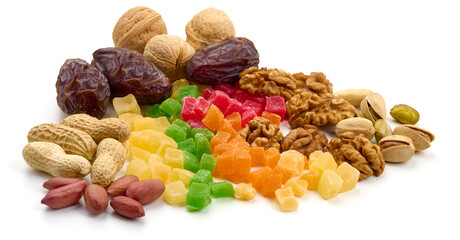 Nuts and dried fruits, isolated on white background. High resolution image