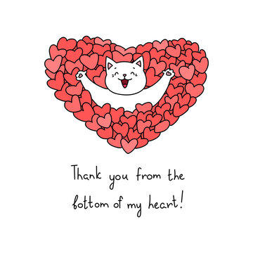 Thank you from the bottom of my heart. Illustration of a cute cat on a background of hearts. Vector 10 EPS