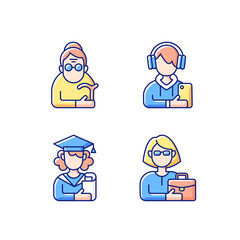 Age and gender differences RGB color icons set. Female pensioner. Male teenager. Adulthood. Senile woman. Adolescence. School stress, peer problems. Old-old age. Isolated vector illustrations