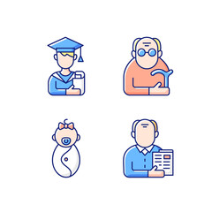 Aging process RGB color icons set. Male student. Pensioner. Early adulthood. Baby phase. Old man. Infancy development. Senior citizen. Pursuing education. Old age. Isolated vector illustrations