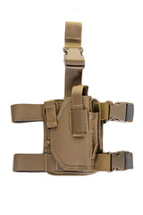 Holster hanging on a soldier's leg. Leg holder for gun. Isolated military tactical
