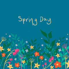 Fototapeta na wymiar Spring day. A postcard with a floral print and an inscription. Hand-drawn vector illustration.