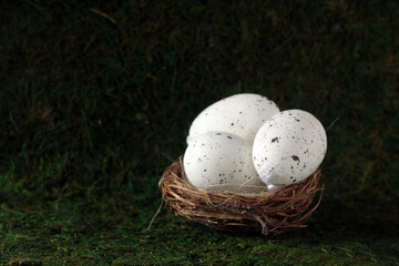 three eggs in a nest against green grass background. Easter concept