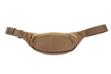 Waist bag in different colors with a zipper, belt and pocket. Isolated illustration on a white background.