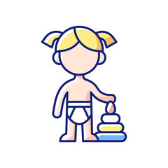 Female toddler RGB color icon. Toddlerhood. Preschool years. Cognitive, emotional and social development. 12 to 36 months old years child. Age-related growth. Isolated vector illustration