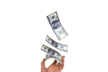 one hundred dollar bills fly up from a wad of money in your hand on a white background isolated