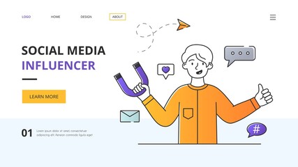 Template for Social Media Influencer website landing page showing a young man holding a horseshoe magnet surrounded by internet media icons with lateral copyspace, colored outline vector illustration