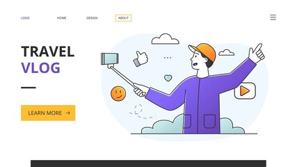 Website template design for a travel vlog with copyspace showing young male vlogger tourist recording selfie on his mobile phone, minimal style flat colored vector illustration. Landing page template
