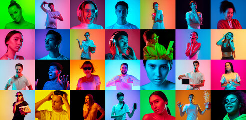Collage of faces of 15 emotional people on multicolored backgrounds in neon. Expressive models,...