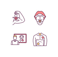 Oncology RGB color icons set. Biceps muscle metastasis. Cancer-related awareness ribbon. Tumor development. Oropharyngeal, oral cavity cancer. Benign, malignant tumors. Isolated vector illustrations