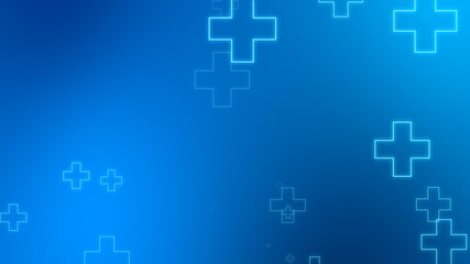 Medical health blue cross neon light shapes pattern background. Abstract healthcare technology and science concept.