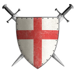 Metal classical shield with red cross and swords 3d illustration