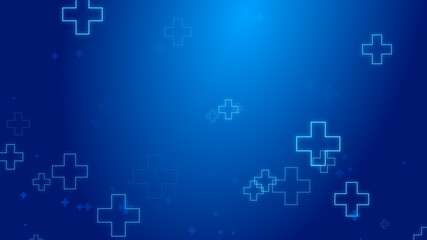 Medical health blue cross neon light shapes pattern healthcare technology background.