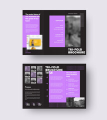 Vector brochure template with geometric purple design, arrows, trifold on black background.