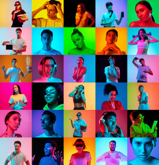 Collage of faces of 16 emotional people on multicolored backgrounds. Expressive models, multiethnic group. Human emotions, facial expression concept. Music, beauty, fashion, sport, winners