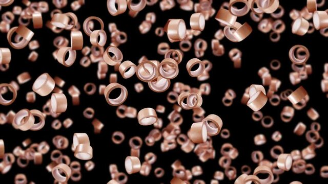 Flying many rolls of packing tapes on black background. Adhesive paper tape. 3D loop animation of duct tape rotating.