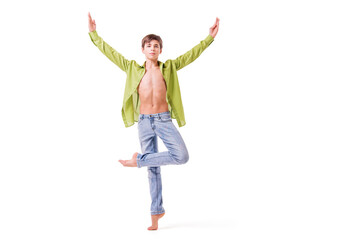 A teenage ballet dancer poses barefoot, isolated on a white background.