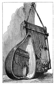 Mbira or sansa,musical instruments of Shona people of Zimbabwe, southe Africa.Culture and history of Africa. Vintage antique black and white illustration. 19th century.
