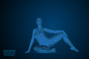 Woman yoga fitness. Abstract consists 3d of triangles, lines, dots and connections. On a dark blue background cosmic universe stars. Vector illustration eps 10.
