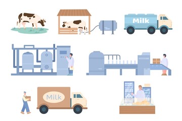 Stages of milk production from cows infographics set, flat vector illustration isolated on white background. Dairy plant conveyor belt with apparatus for lifting milk.