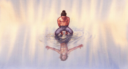 illustrazione surreale di un uomo riflesso nell'acqua. l'uomo è inginocchiato con la testa bassa e le mani legate dietro la schiena, il suo riflesso è il ritratto della libertà.