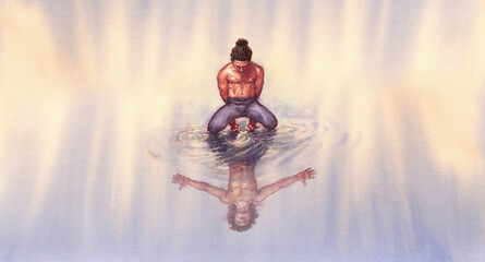 illustrazione surreale di un uomo riflesso nell'acqua. l'uomo √® inginocchiato con la testa bassa e le mani legate dietro la schiena, il suo riflesso √® il ritratto della libert√†. © WatercolorWorld