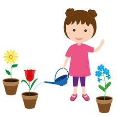 Little girl watering flowers in pots. Vector illustration.