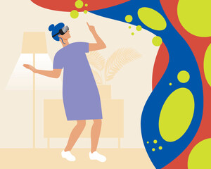 Young or adult woman is a virtual reality player with a VR device, flat vector stock illustration with video game, virtual reality, futuristic gadget