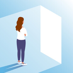 A young woman stands in front of an open door. Makes a choice and makes a decision. Ahead of new opportunities and work. Vector illustration.