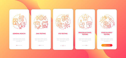 Clinical laboratory tests onboarding mobile app page screen with concepts. Alcohol, food allergy testing walkthrough 5 steps graphic instructions. UI vector template with RGB color illustrations