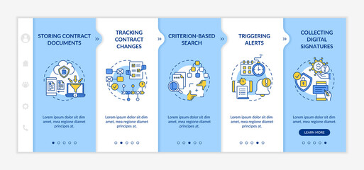 Fototapeta premium Contract management software functions onboarding vector template. Storing contract documents. Responsive mobile website with icons. Webpage walkthrough step screens. RGB color concept