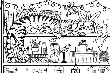a cat on a bookshelf, a black-and-white outline drawing by hand, a coloring book, a page for coloring. white background