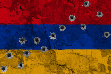 Concept of the violent Conflict in Armenia with a painted flag on a cracked wall with wholes of bullets. 3D-Illustration. 3D-rendering