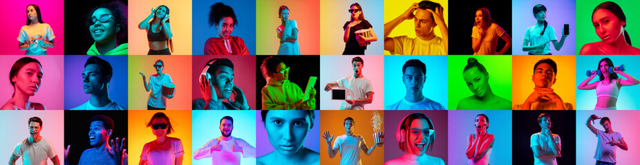 Collage of faces of 16 emotional people on multicolored backgrounds in neon light, fluid....