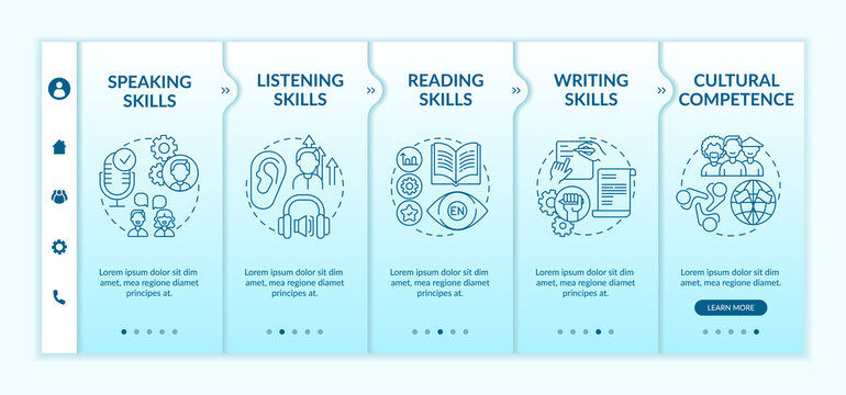 Foreign language learning competencies onboarding vector template. Listening skills. Cultural competence. Responsive mobile website with icons. Webpage walkthrough step screens. RGB color concept