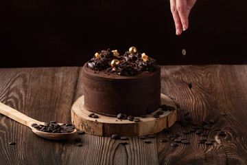 front view of chocolate cake, a hand leaving chocolate shavings, spoon wooden