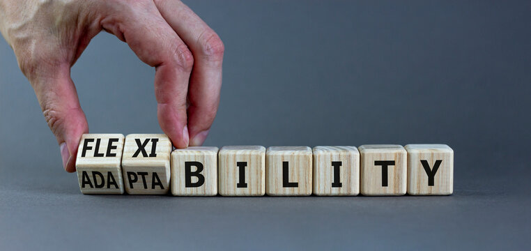 Flexibility And Adaptability Symbol. Businessman Turns Wooden Cubes And Changes Words Adaptability'to Flexibility Beautiful Grey Background, Copy Space. Business, Flexibility And Adaptability Concept